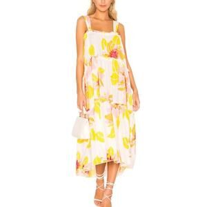 Free People Moonshine Midi Flower Linen Tiered Dress Anthropologie Boho Hippie